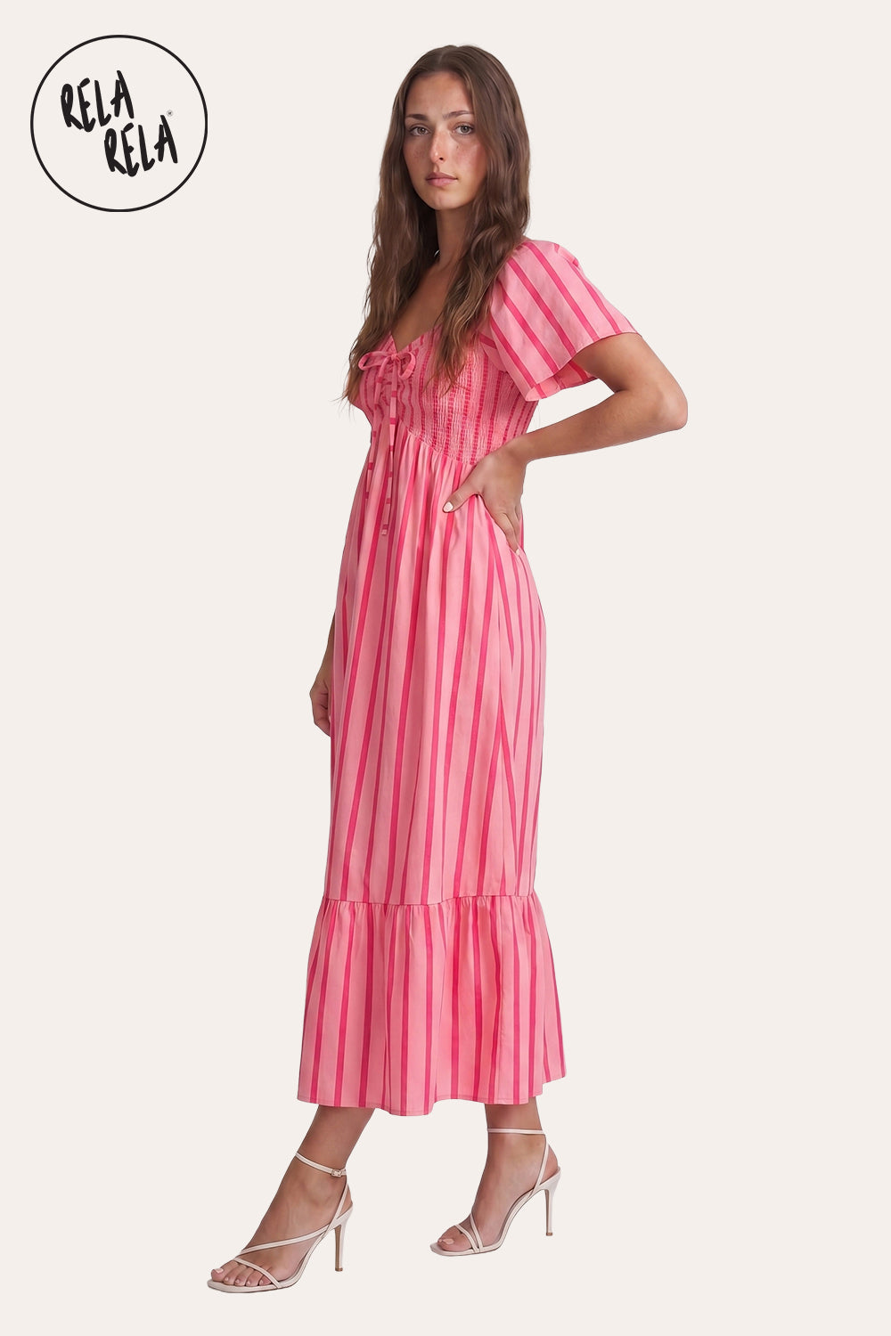 Smocked Waist Stripe Maxi Dress in Pink Stripe
