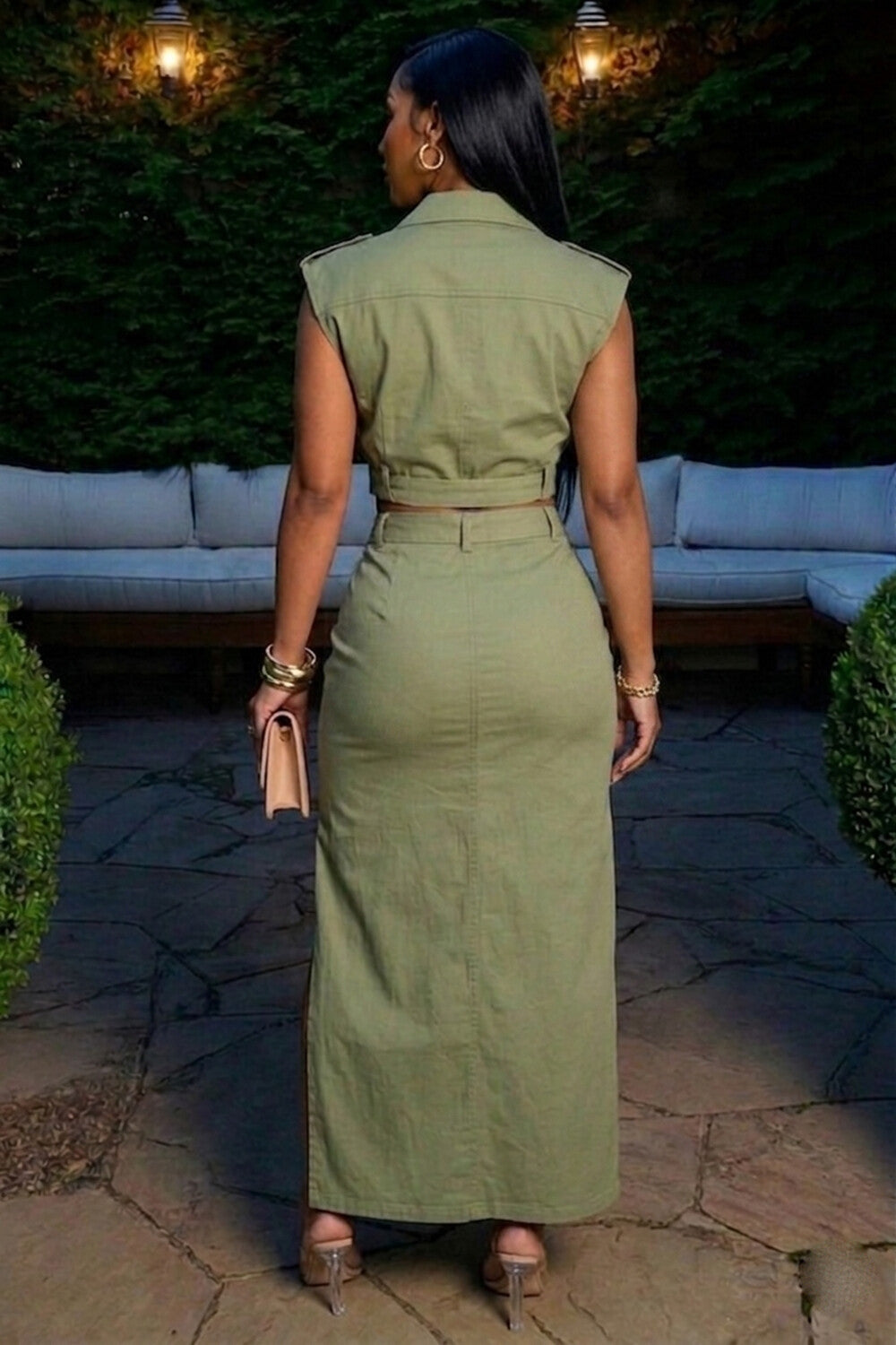 Turndown Collar Sleeveless Top Slit Maxi Skirt 2pcs Set-Green