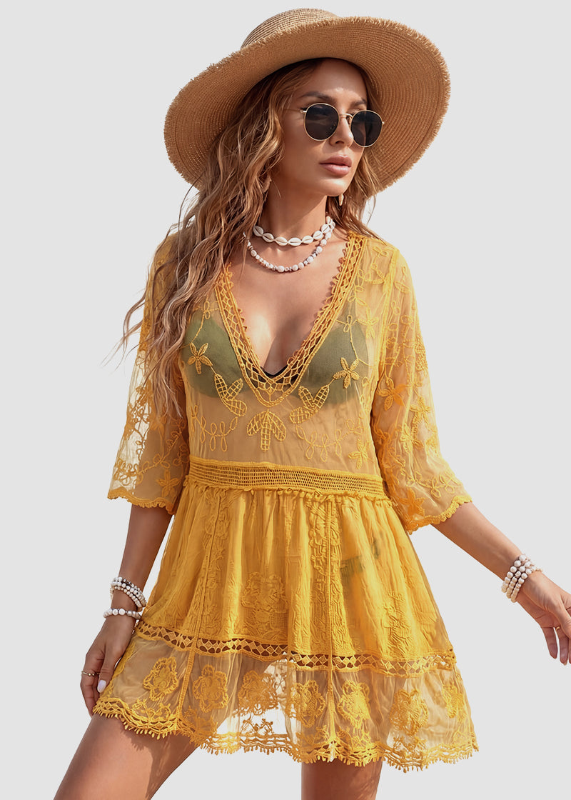 Contrast Lace Bathing Suit Cover Up V-Neck Swimsuit Coverups