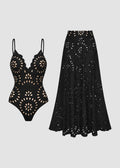 Floral Laser-Cut Hollow One-Piece Swimsuit with Skirt