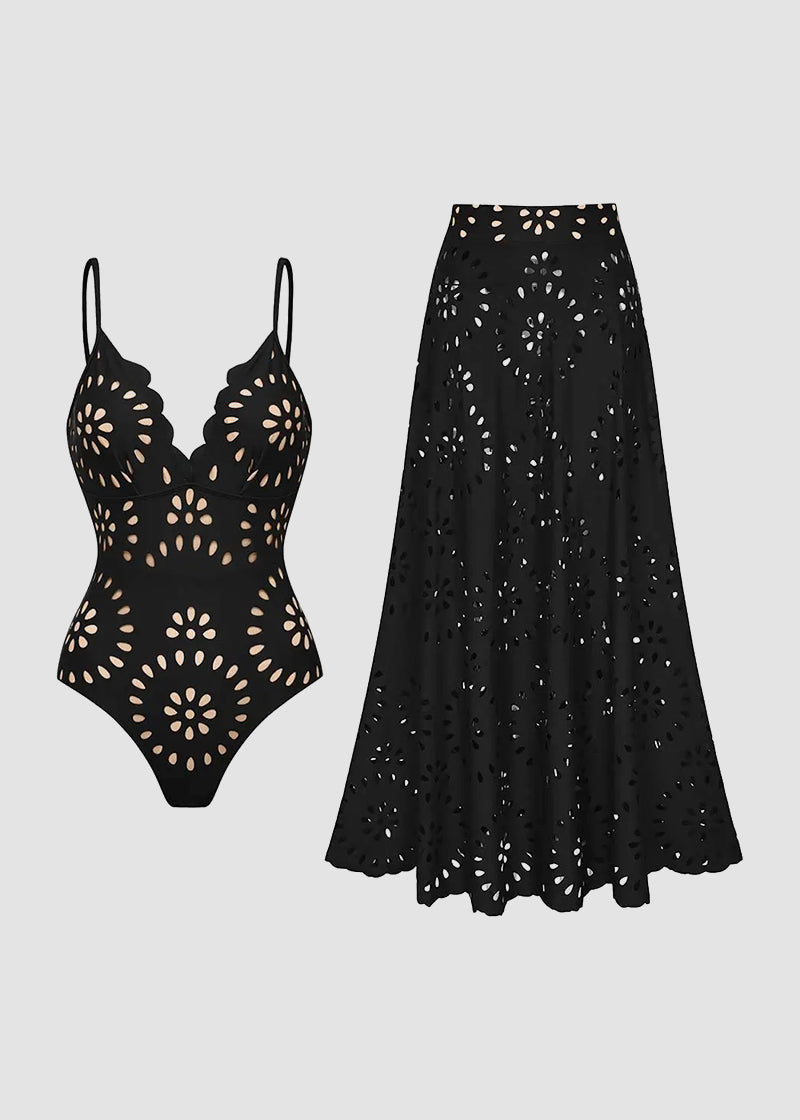 Floral Laser-Cut Hollow One-Piece Swimsuit with Skirt