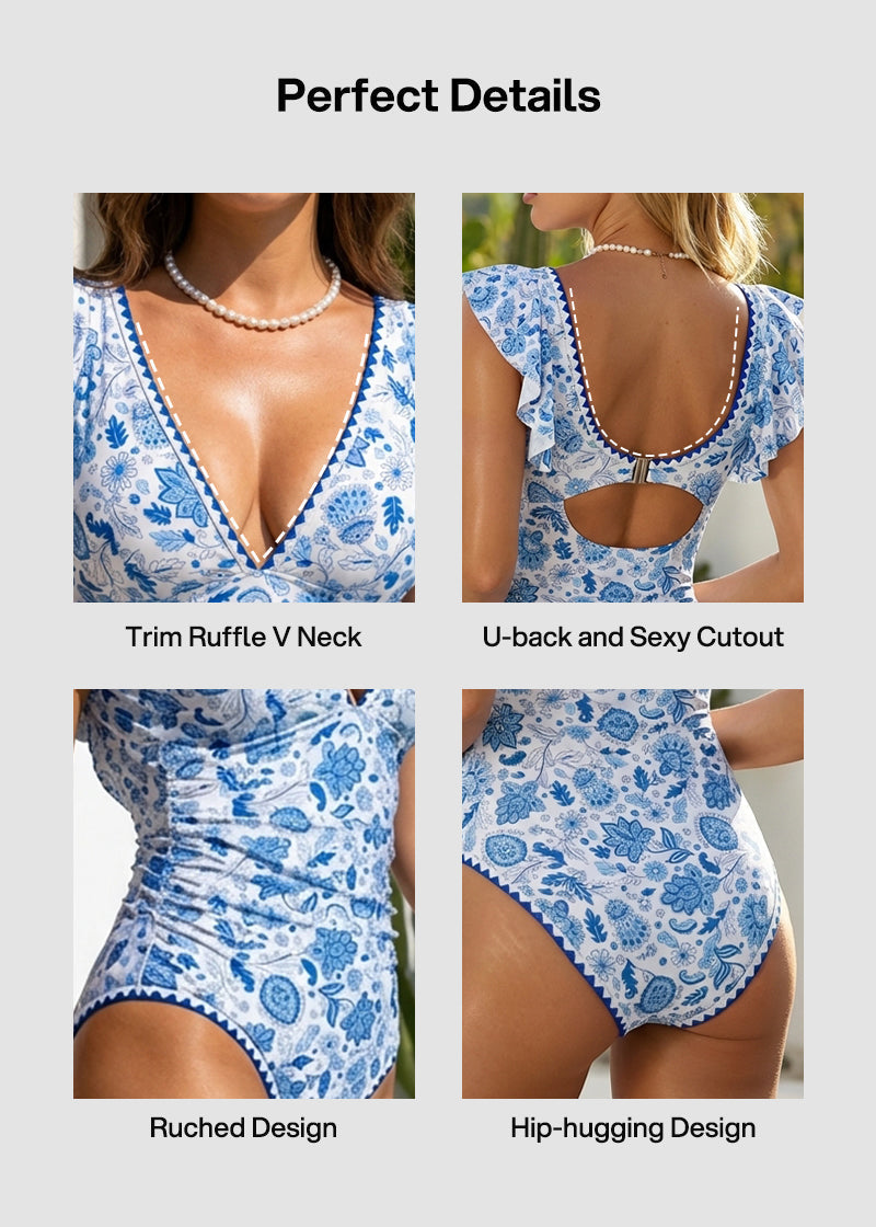 Floral V-Neck Tummy Control One-Piece Swimsuit