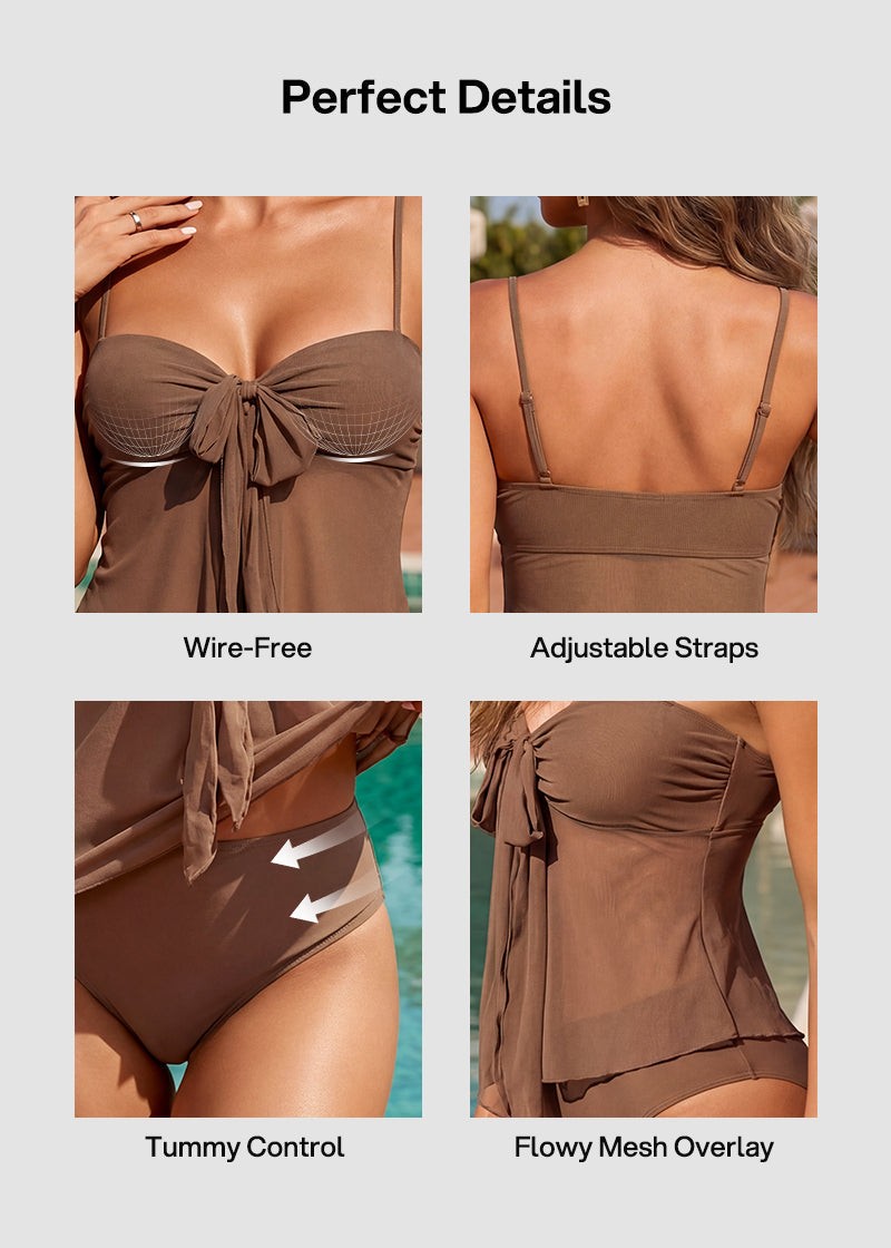 Tankini Swimsuits-Tummy Control Flowy Mesh Tops High Waisted Bottoms