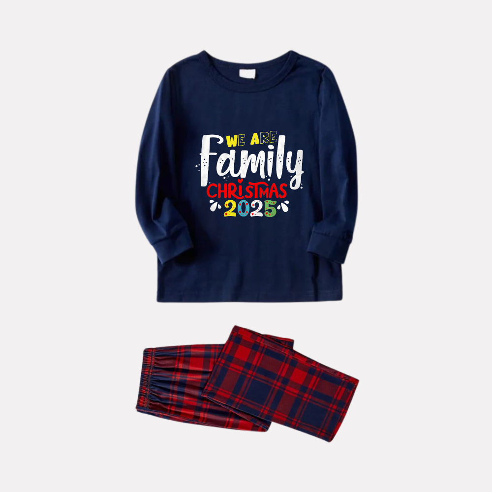 Christmas Family Matching Pajamas-Navy & Red Plaid Pjs Set with "We Are Family Christmas 2025" Colorful Slogan Print