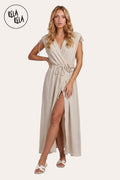 Flower Corsage V-Neck Wrap Maxi Dress in Beige