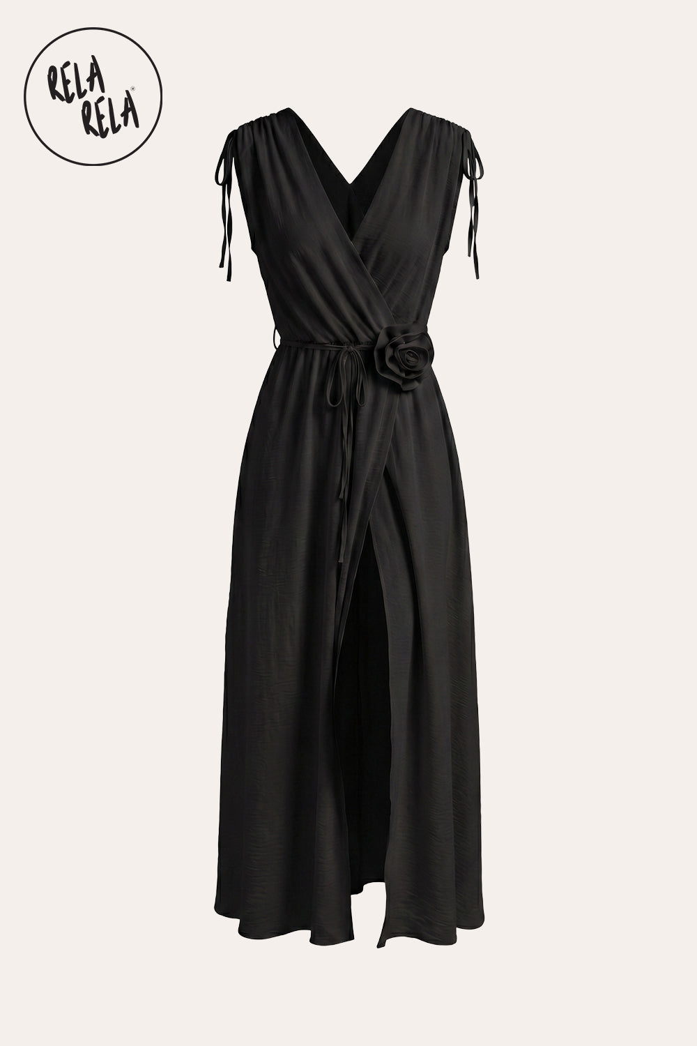 Flower Corsage V-Neck Wrap Maxi Dress in Black