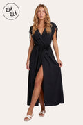 Flower Corsage V-Neck Wrap Maxi Dress in Black