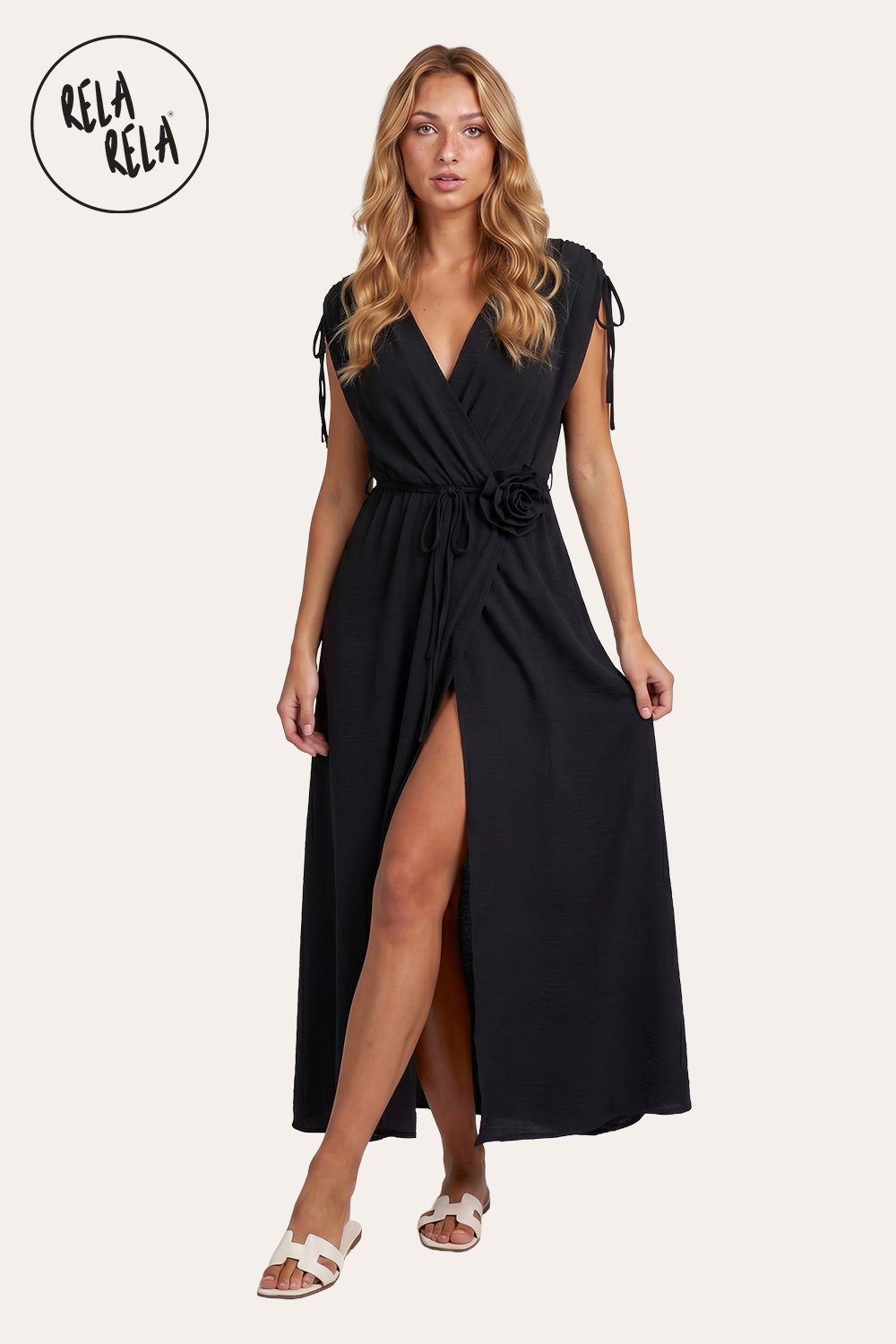 Flower Corsage V-Neck Wrap Maxi Dress in Black