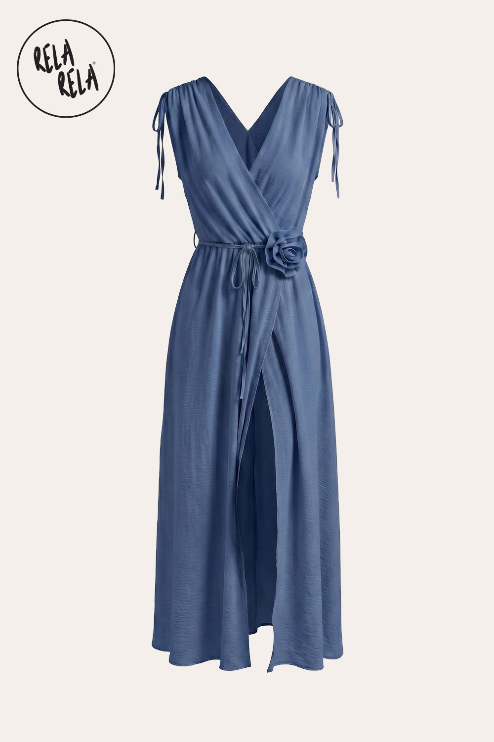 Flower Corsage V-Neck Wrap Maxi Dress in Blue