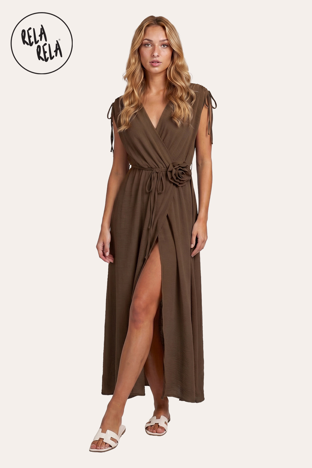 Flower Corsage V-Neck Wrap Maxi Dress in Chocolate