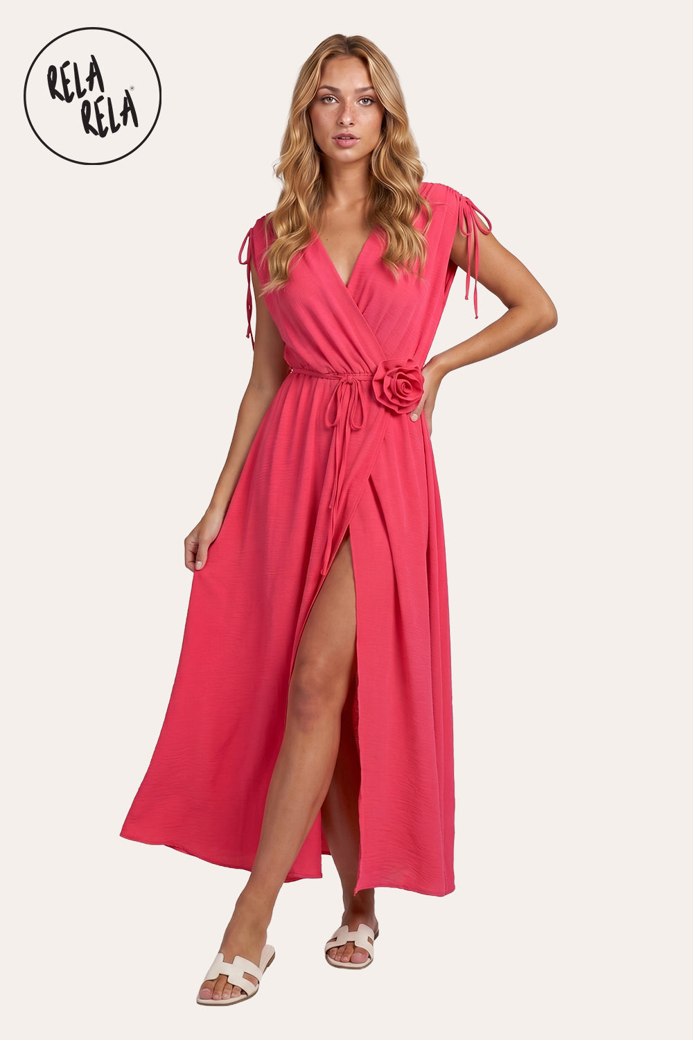 Flower Corsage V-Neck Wrap Maxi Dress in Coral