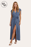 Flower Corsage V-Neck Wrap Maxi Dress in Blue