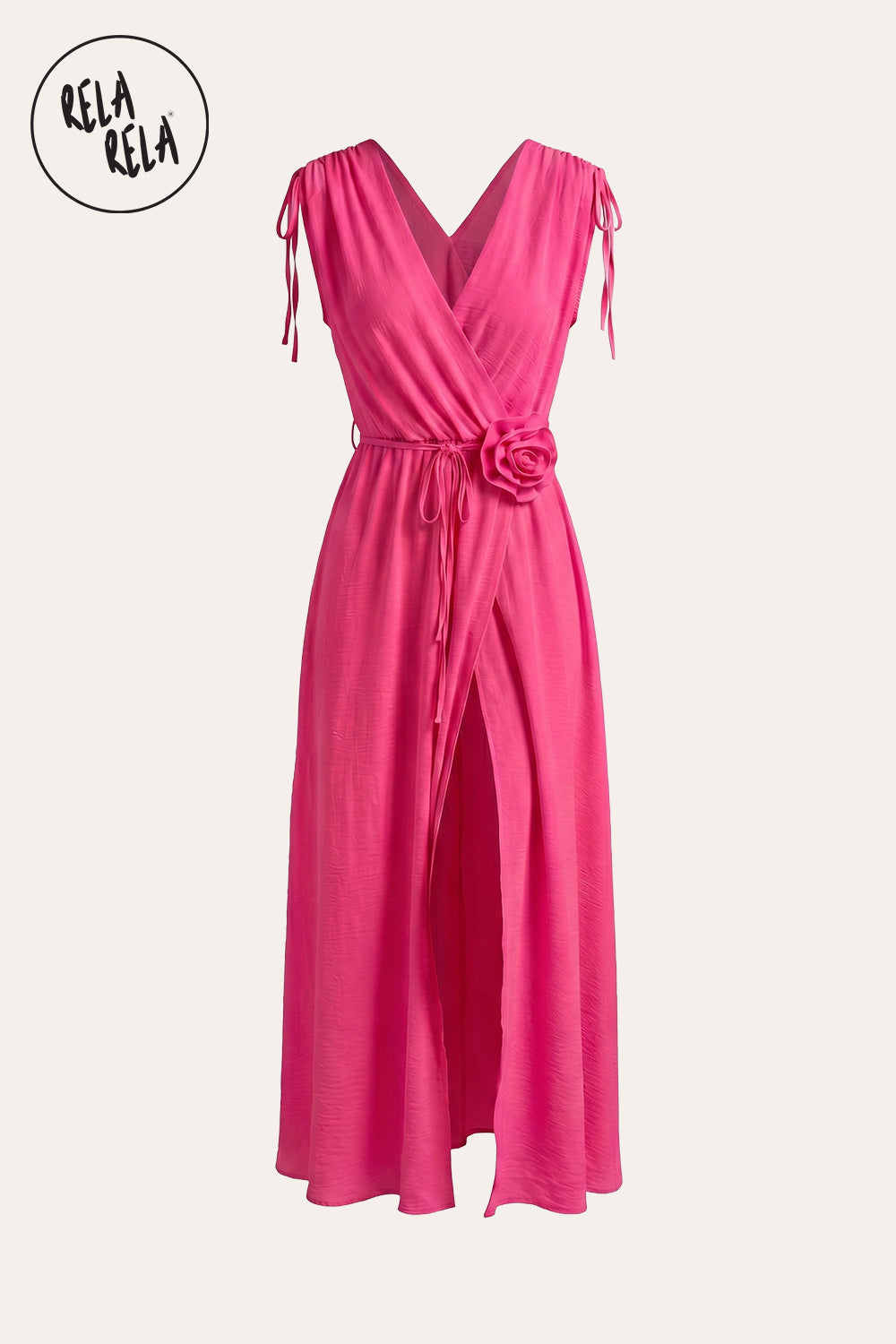 Flower Corsage V-Neck Wrap Maxi Dress in Hot Pink