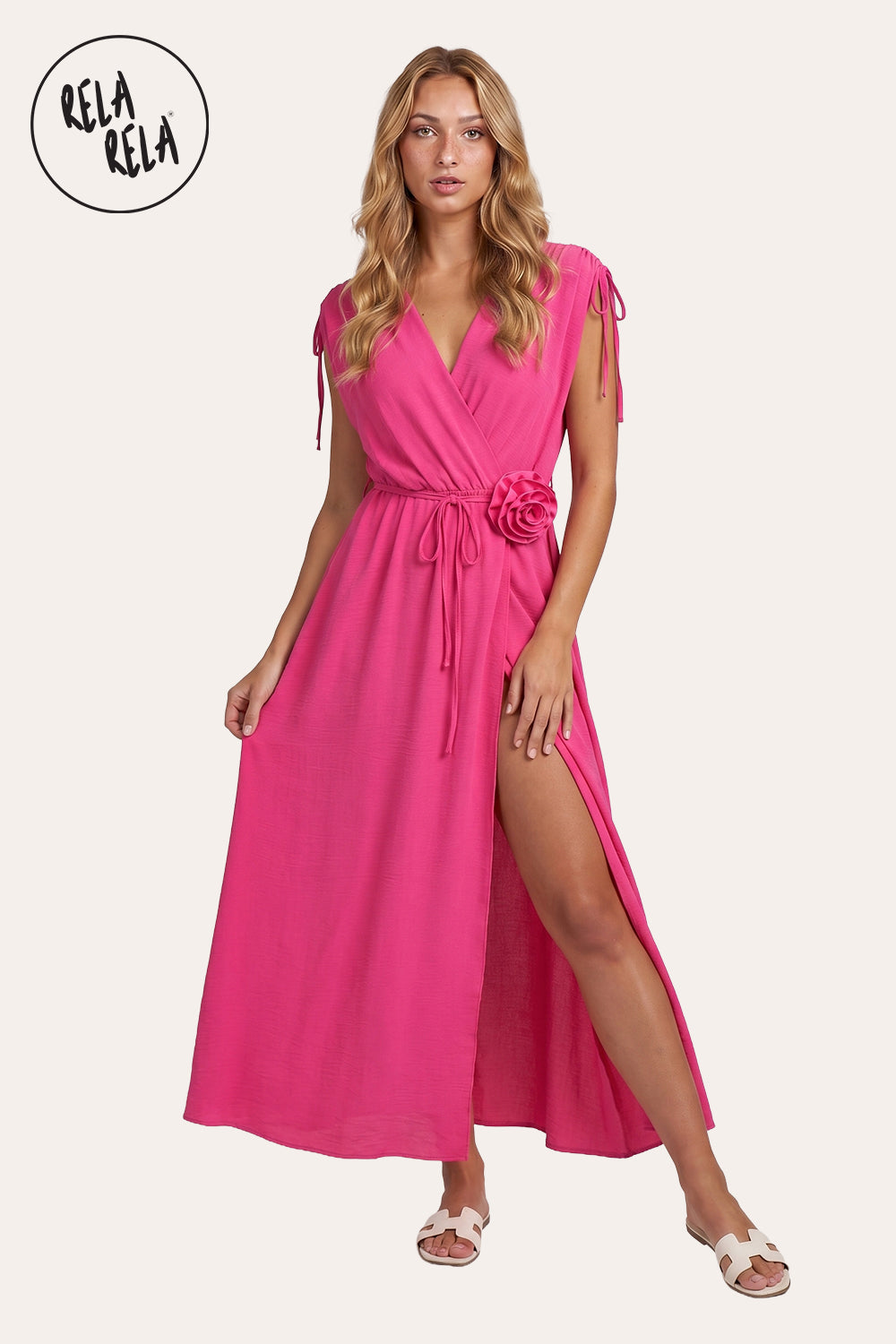 Flower Corsage V-Neck Wrap Maxi Dress in Hot Pink
