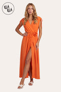 Flower Corsage V-Neck Wrap Maxi Dress in Orange