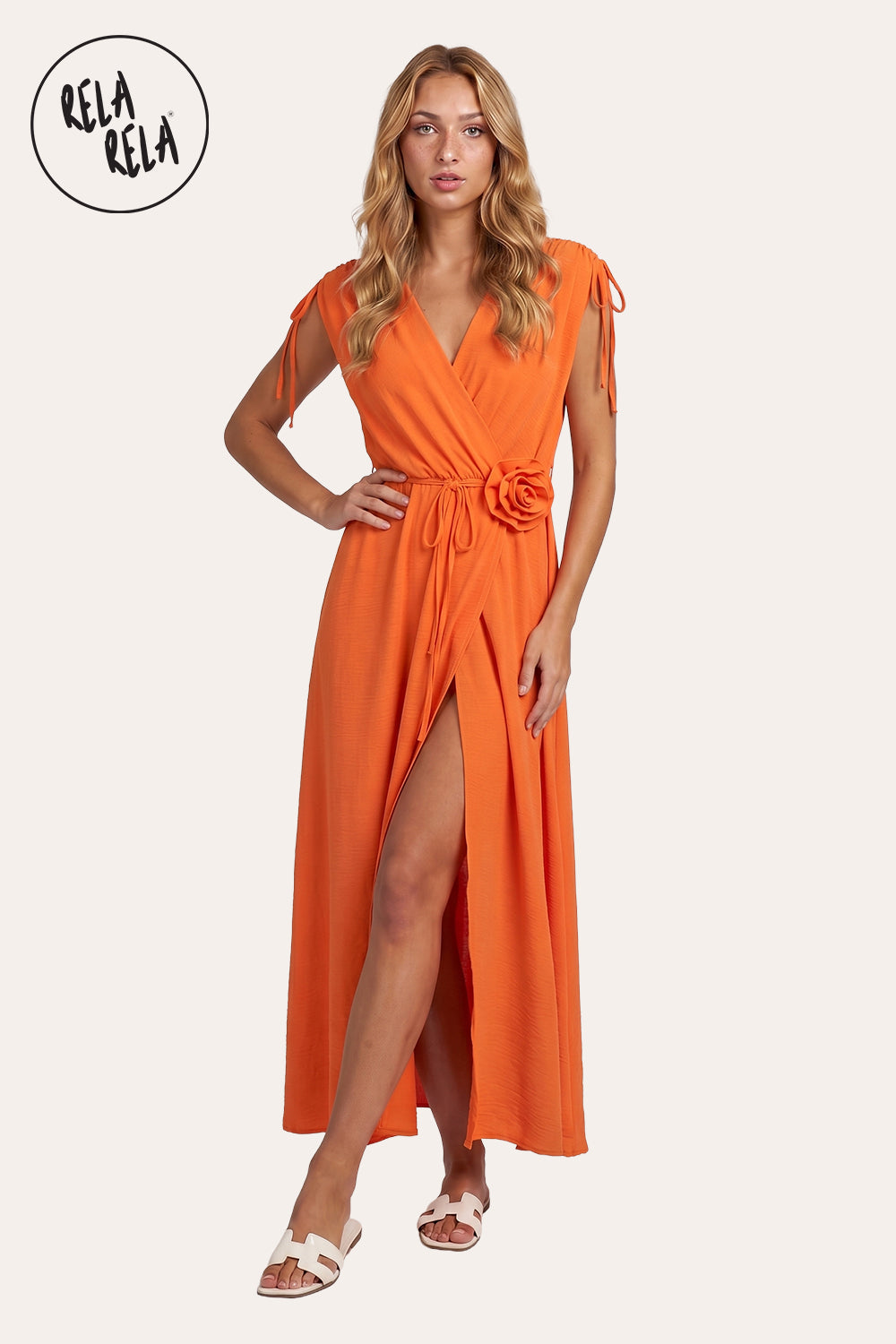 Flower Corsage V-Neck Wrap Maxi Dress in Orange