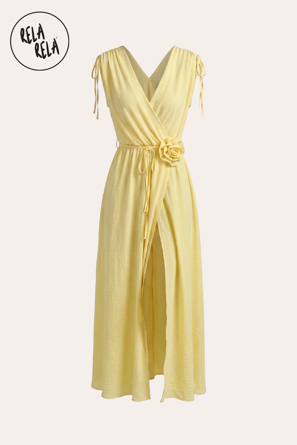 Flower Corsage V-Neck Wrap Maxi Dress in Yellow