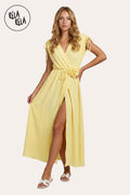 Flower Corsage V-Neck Wrap Maxi Dress in Yellow