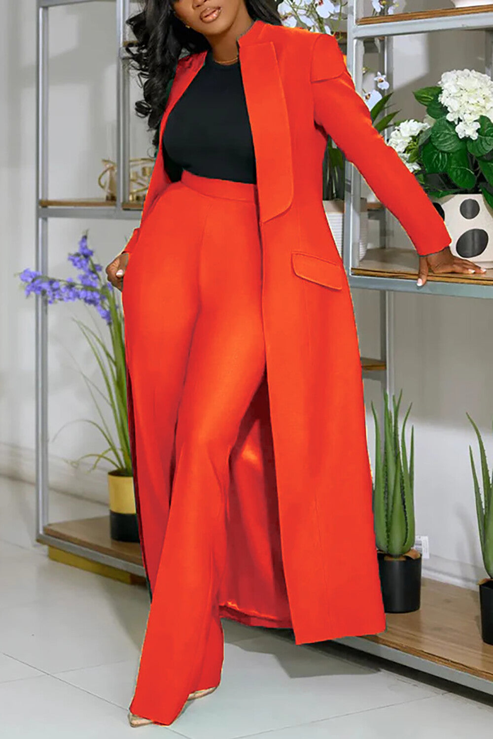 Turndown Collar Solid Color Long Blazer High Waist Pants 2pcs Set-Green