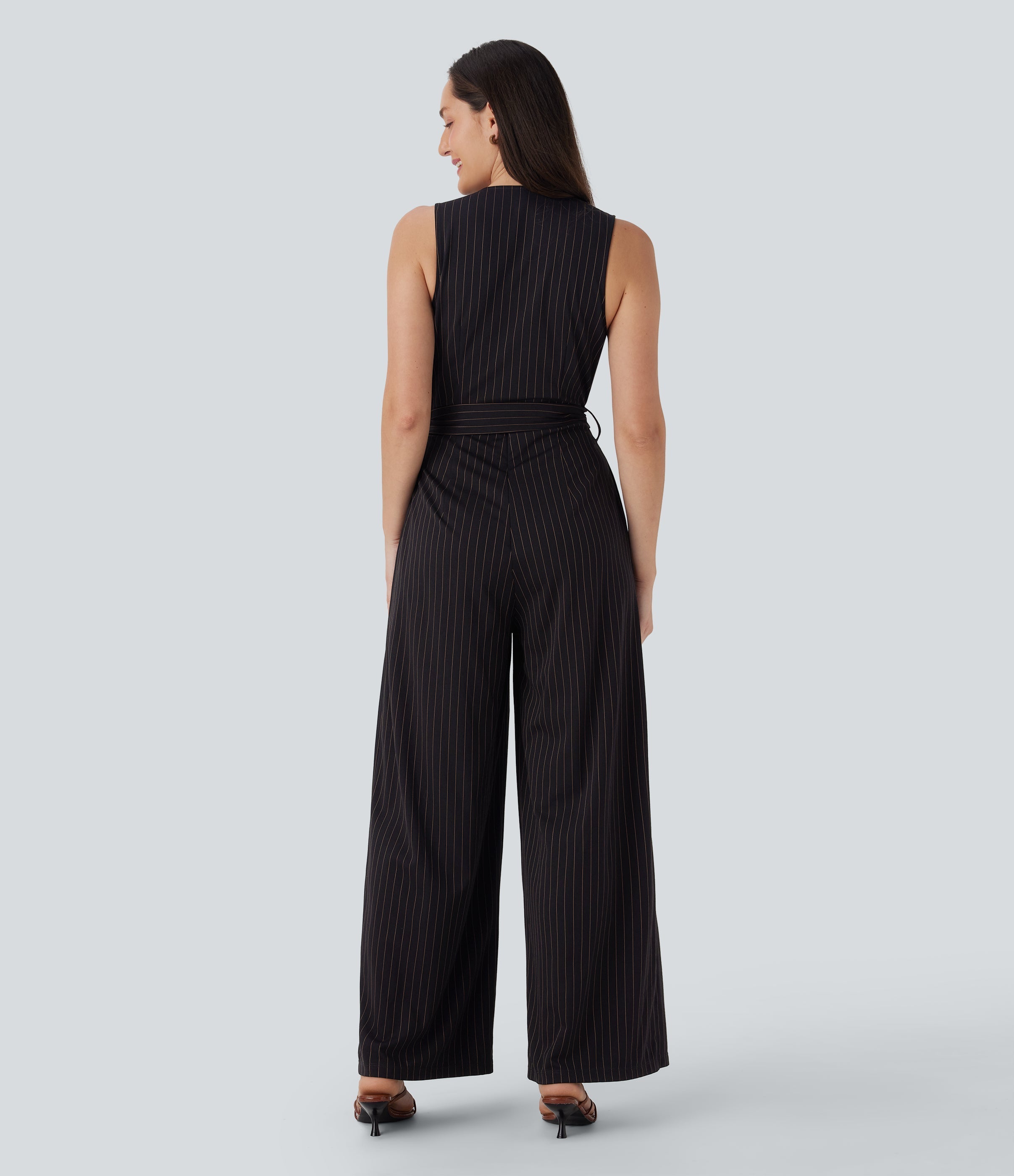 V Neck Sleeveless Belted Stripe Cool Touch Work Jumpsuit with Pockets-Easy Peezy