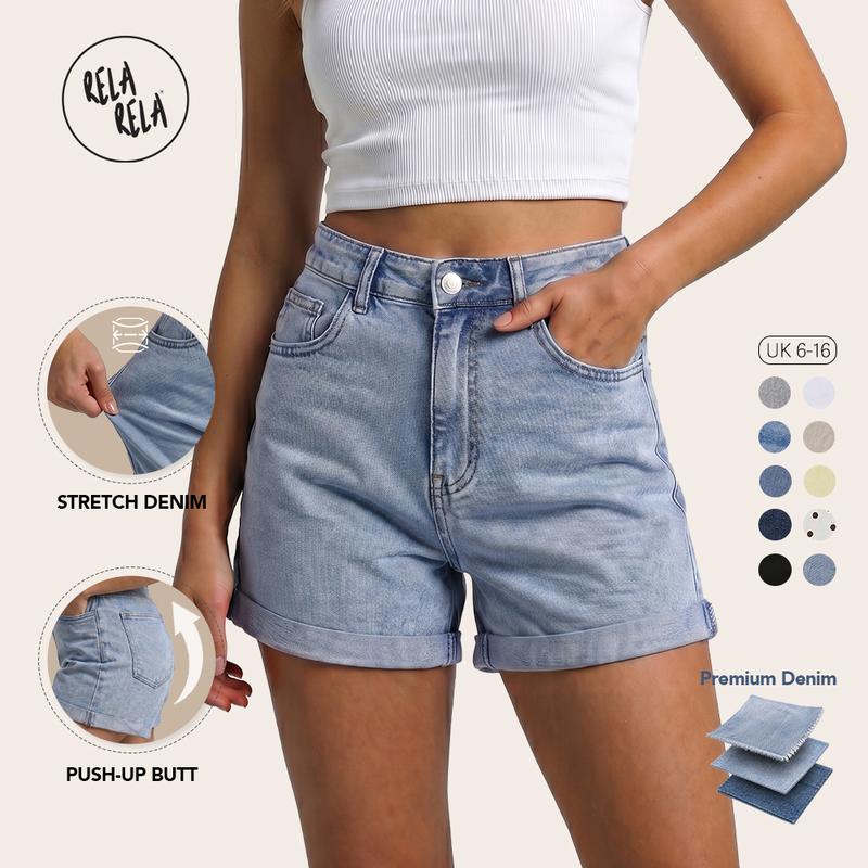 Women's Stretchy High Waisted Turn Up Denim Shorts UK 6-16 Womens Everyday Casual Fit Denim Bottoms