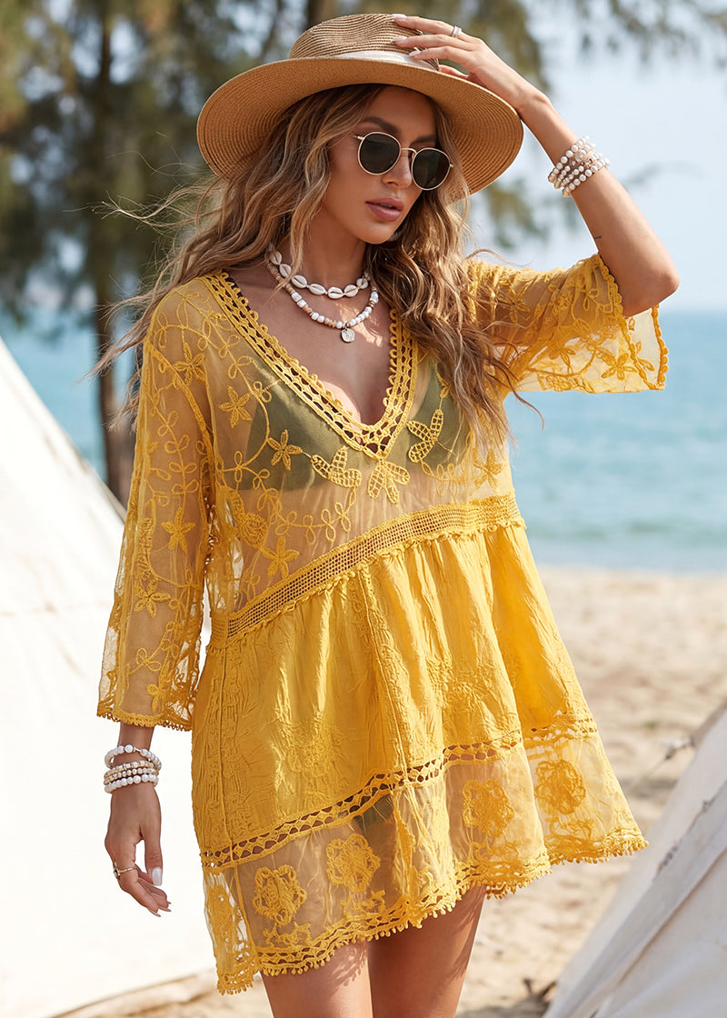 Contrast Lace Bathing Suit Cover Up V-Neck Swimsuit Coverups