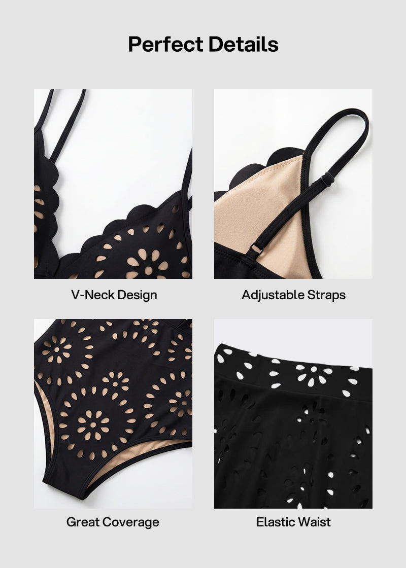 Floral Laser-Cut Hollow One-Piece Swimsuit with Skirt