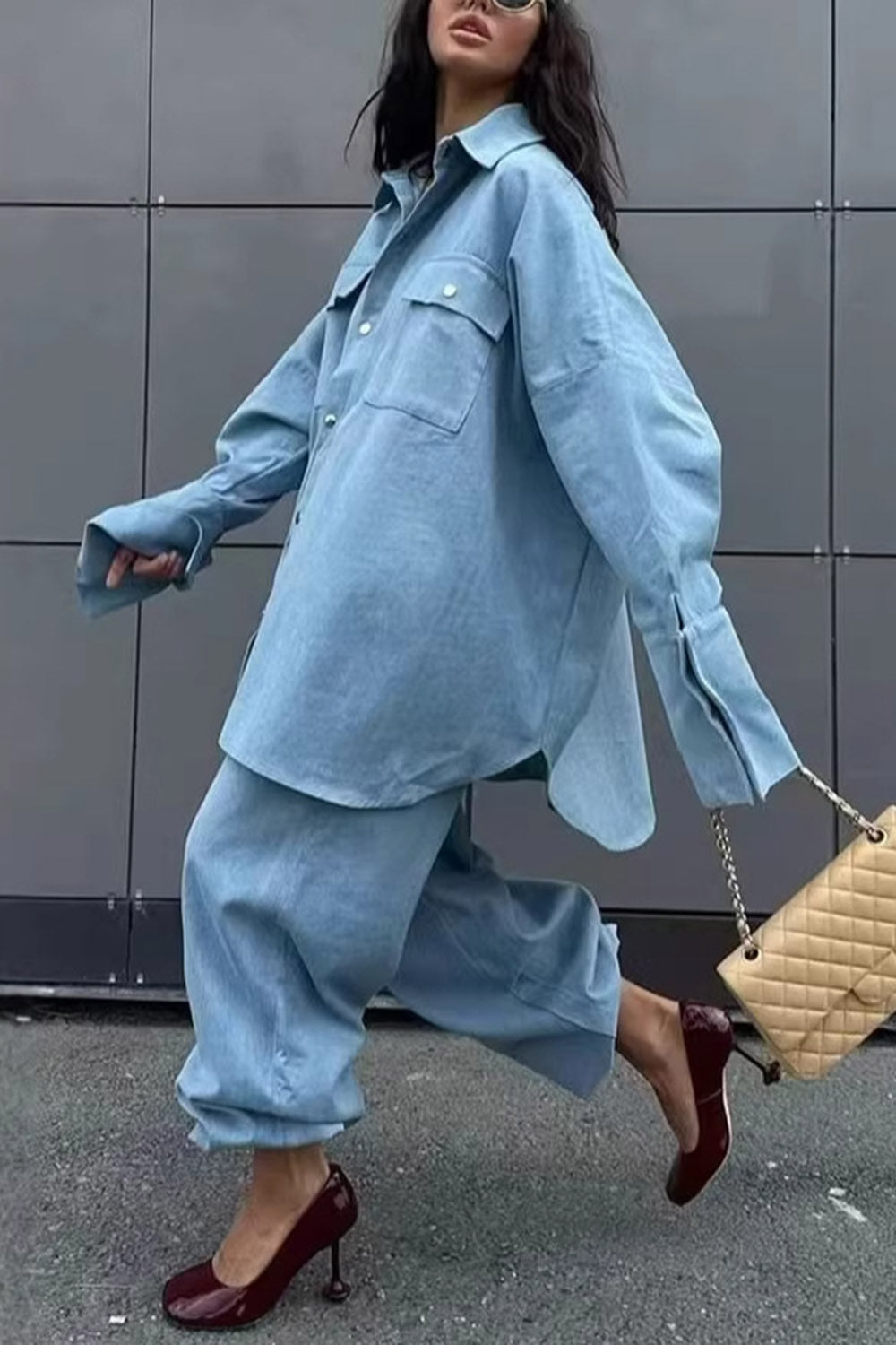 Denim Turndown Collar Balloon Sleeve Long Top Pants Casual 2pcs Set-Blue