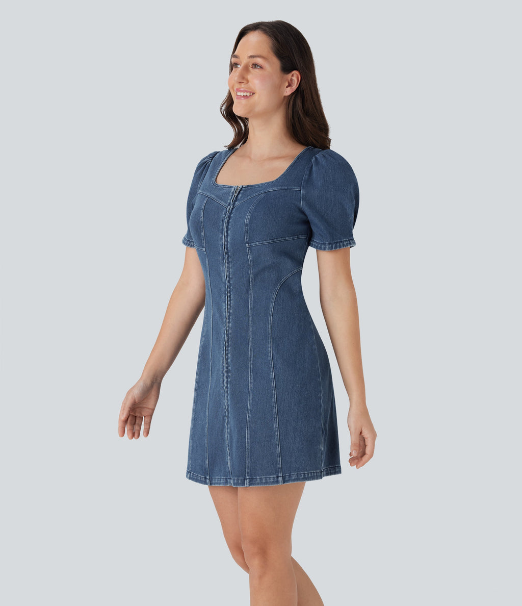 FlexTM Square Neck Short Sleeve Zipper Denim Mini Casual Dress