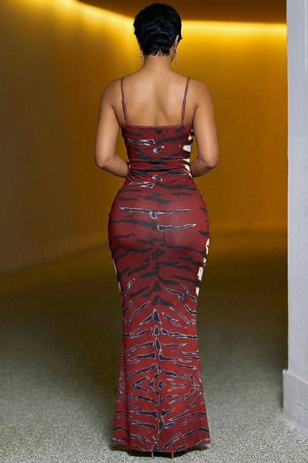 Spaghetti Strap Animal Print Bodycon Party Maxi Dresses-Burgundy