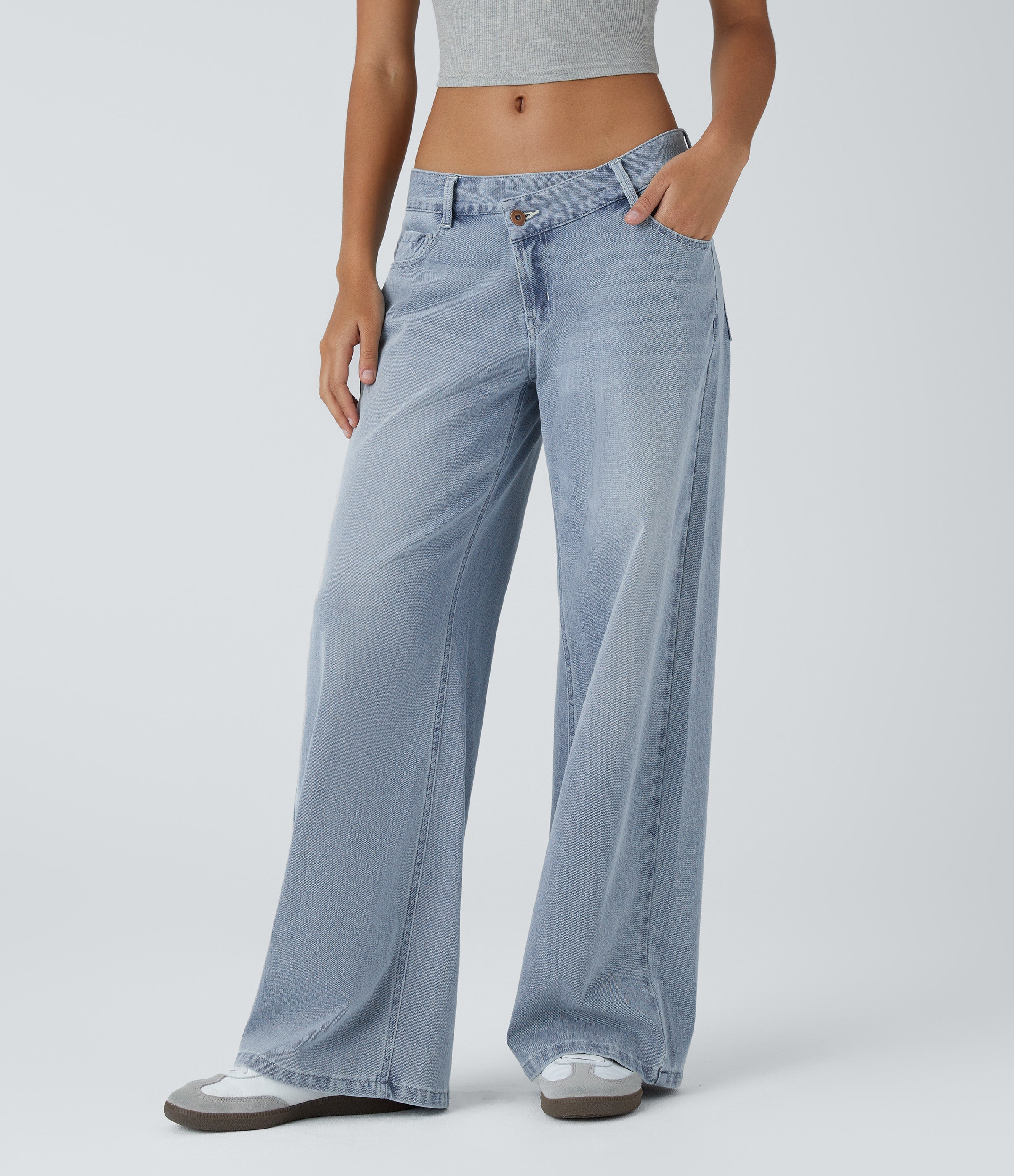 FlexTM Asymmetric Low Rise Zipper Pockets Baggy Wide Leg Washed Casual Jeans