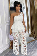 Hollow One Shoulder Peplum Top Wide Leg Pants 2pcs Set-White