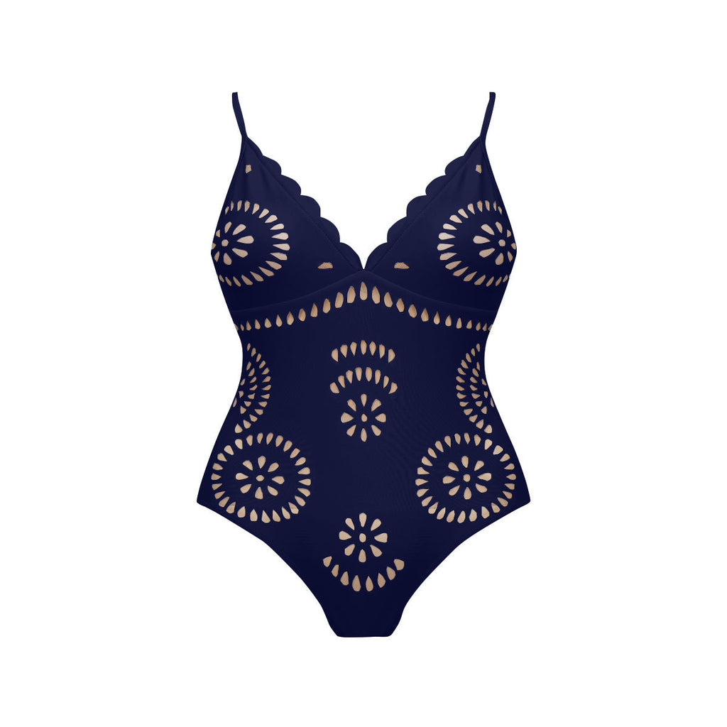 Blue Scalloped Hollow Sexy One-Piece Swimsuit&Skirt