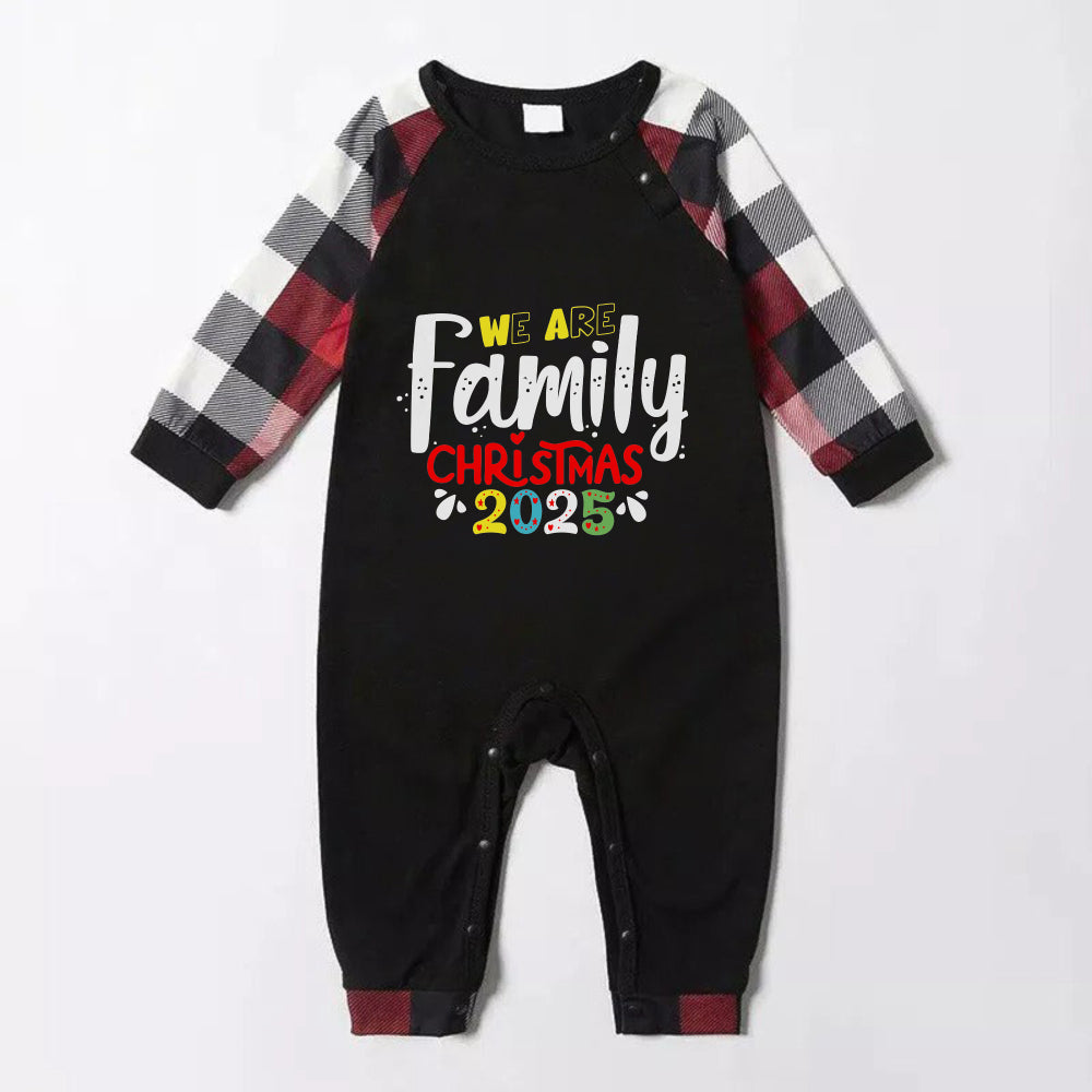 Christmas Family Matching Pajamas-Red and Gray Plaid Pjs set with "We Are Family" Christmas Slogan Print