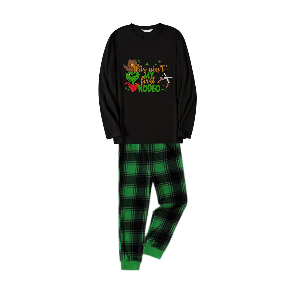 Christmas Family Matching Pajamas-Black Top and Green Plaid Pants Pjs Set with Grinch and "This Ain't My First Rodeo" Print