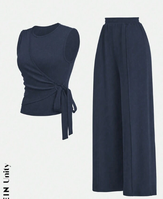 Women's Solid Knot Front Tank Top & Wide Leg Pants Set
