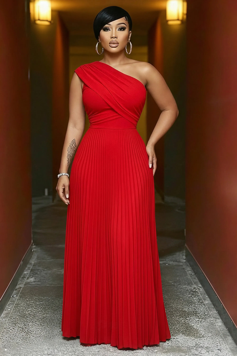 One Shoulder Sleeveless Pleated Bouffant Party Maxi Dresses-Red