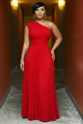 One Shoulder Sleeveless Pleated Bouffant Party Maxi Dresses-Red