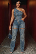 Denim One Shoulder Detachable Zip-Off Slim Fit Jumpsuit-Blue [Pre Order]