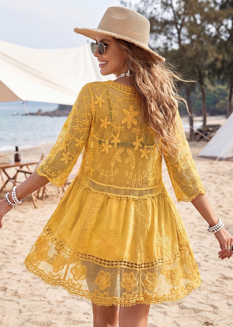 Contrast Lace Bathing Suit Cover Up V-Neck Swimsuit Coverups