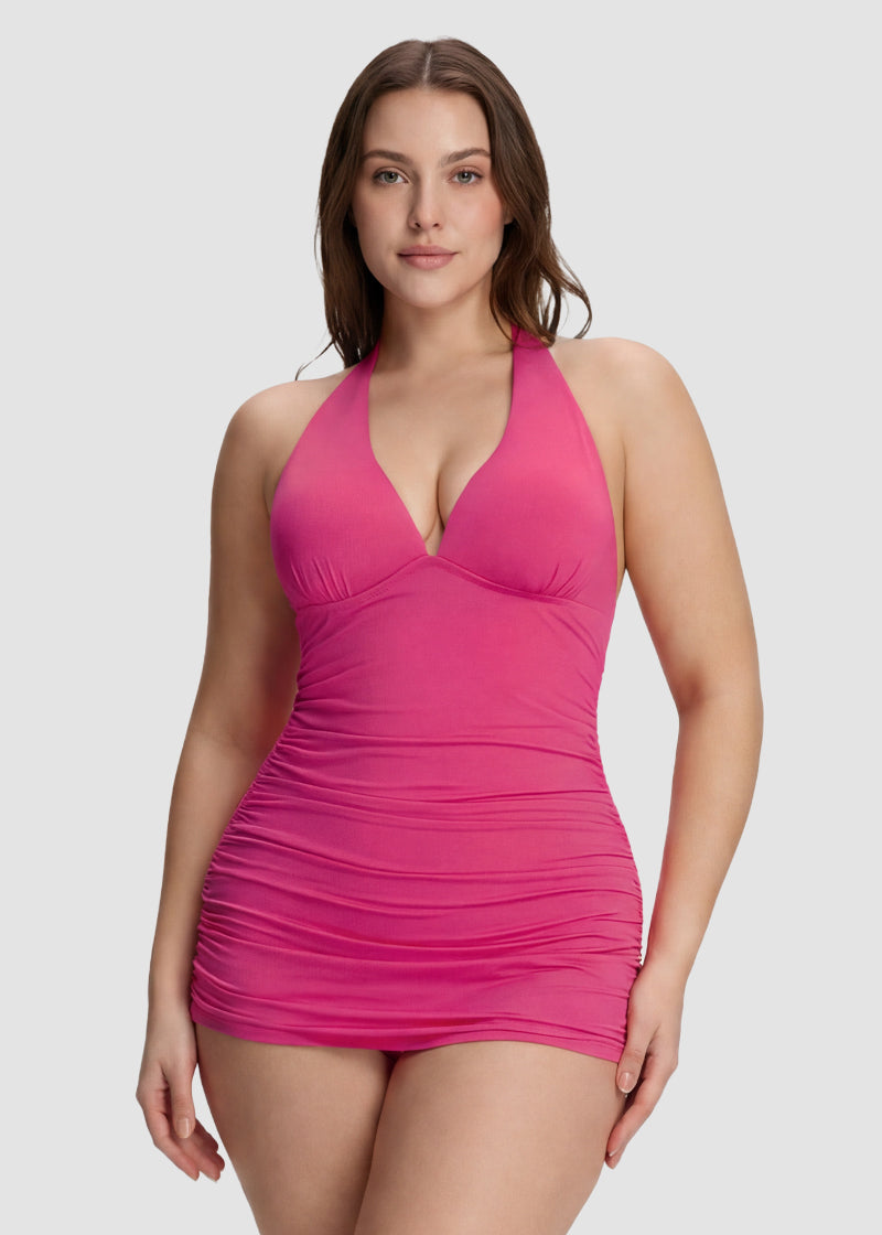 SculptSkin™ BackStage Halter V-Neck Swim Dress