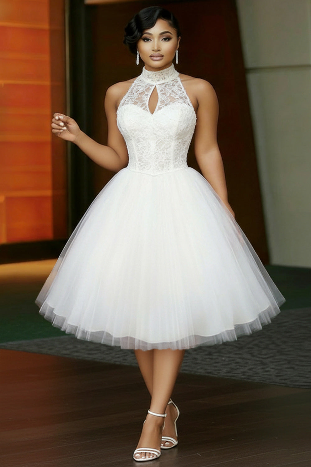 Halter Sleeveless Lace Bouffant Mesh Gowns Midi Dresses-White