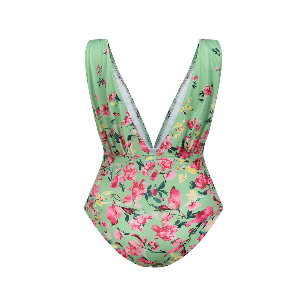 Mint Green & Pink Florals One-Piece Swimsuit&Skirt
