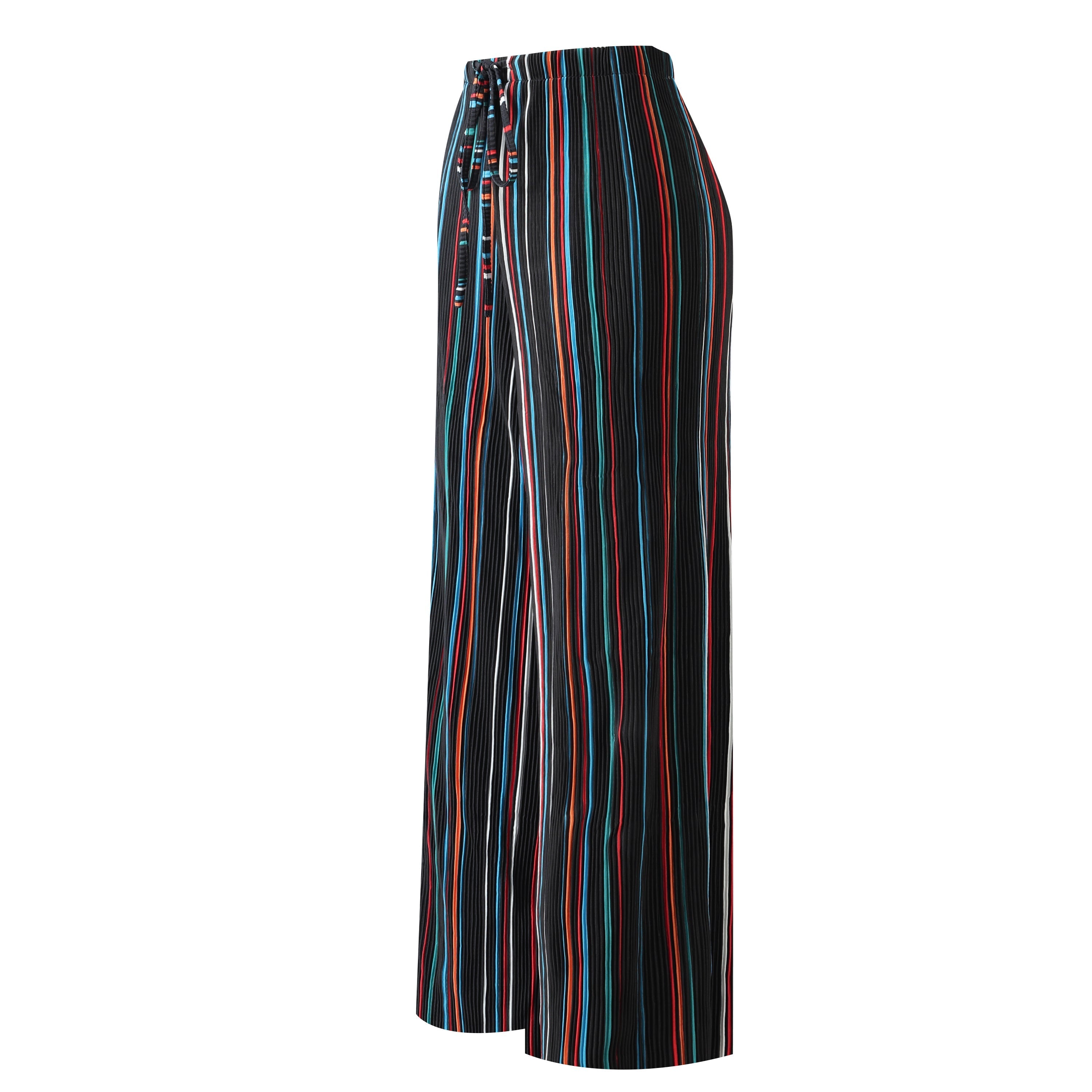 Black Stripe Abstract Print Wide-Leg Drawstring Palazzo Pleated Pants CORE(0XL-XL)
