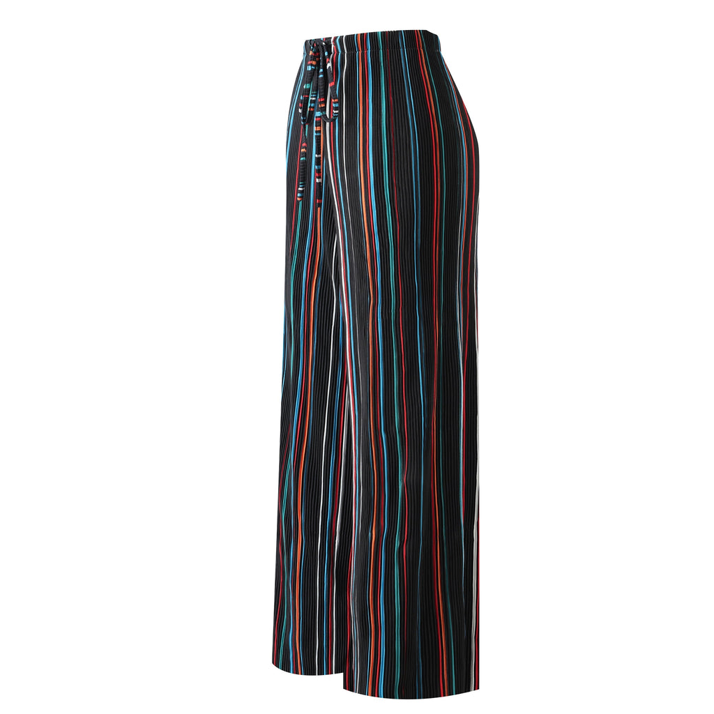 Black Stripe Abstract Print Wide-Leg Drawstring Palazzo Pleated Pants XPLUS(4XL-5XL)