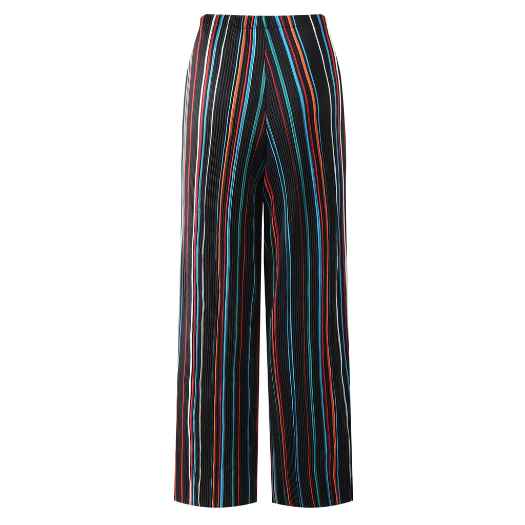 Black Stripe Abstract Print Wide-Leg Drawstring Palazzo Pleated Pants PLUS(2XL-3XL)