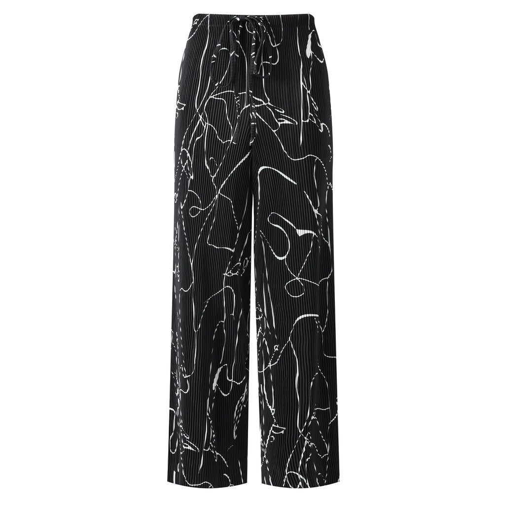 Black Line Art Abstract Print Wide-Leg Drawstring Palazzo Pleated Pants PLUS