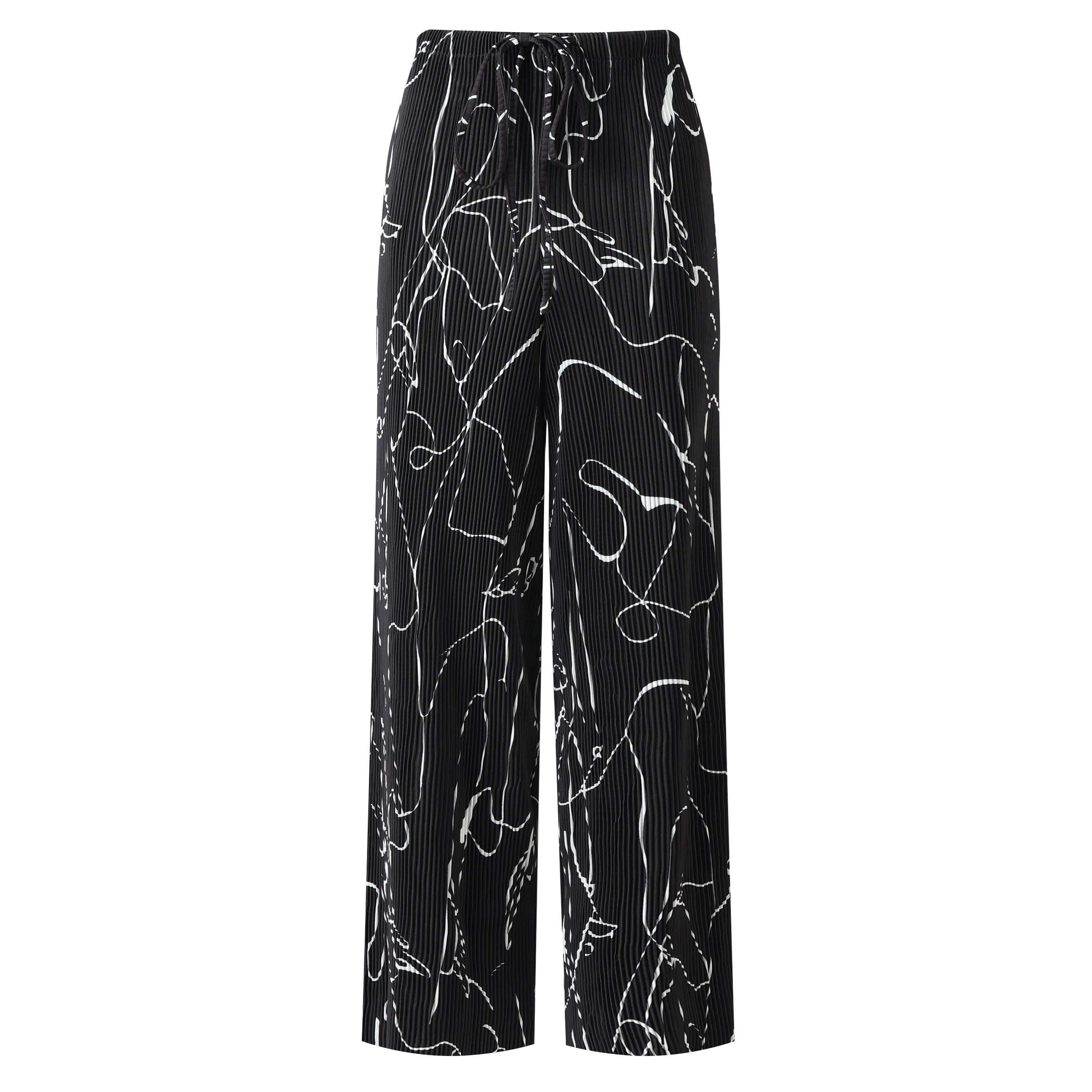 Black Line Art Abstract Print Wide-Leg Drawstring Palazzo Pleated Pants PLUS