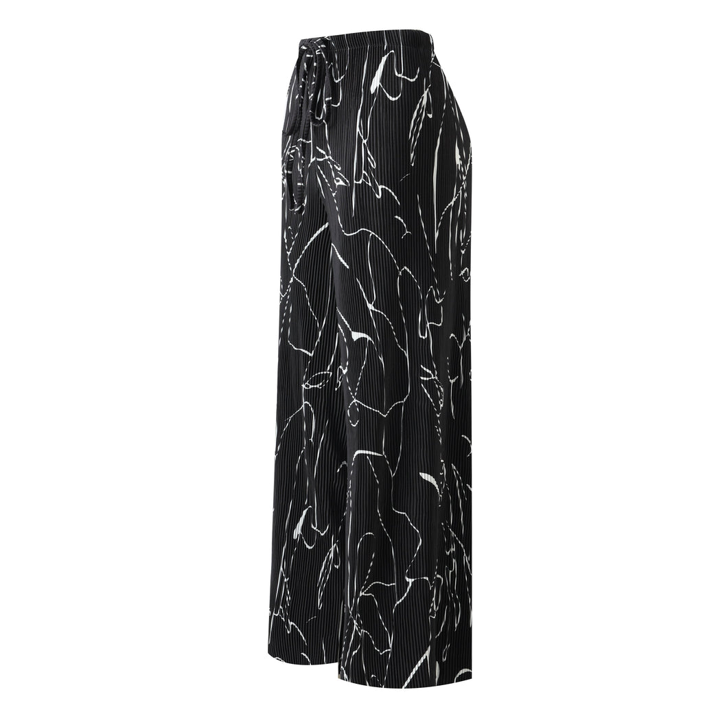 Black Line Art Abstract Print Wide-Leg Drawstring Palazzo Pleated Pants CORE(0XL-XL)