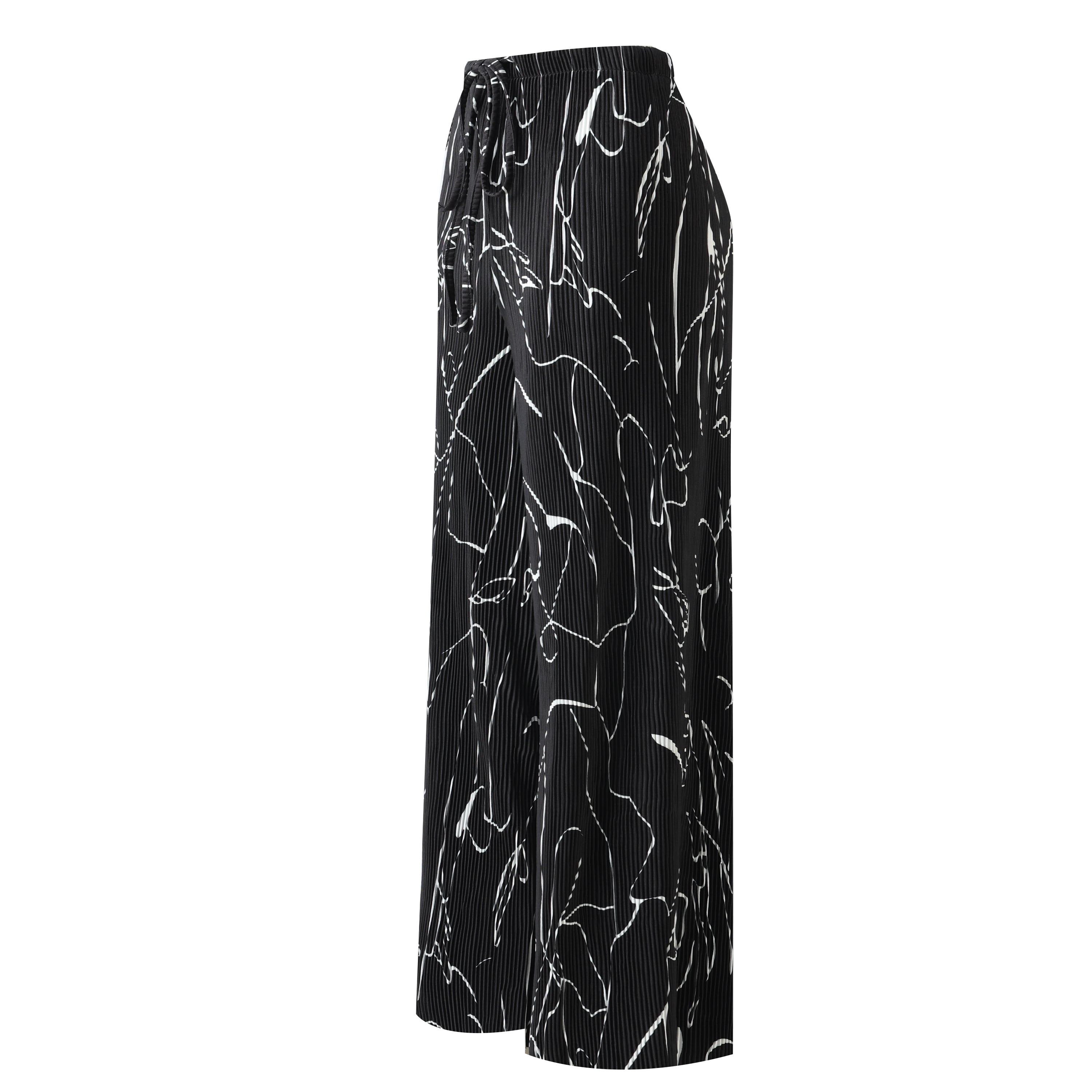 Black Line Art Abstract Print Wide-Leg Drawstring Palazzo Pleated Pants XXPLUS(6XL+)